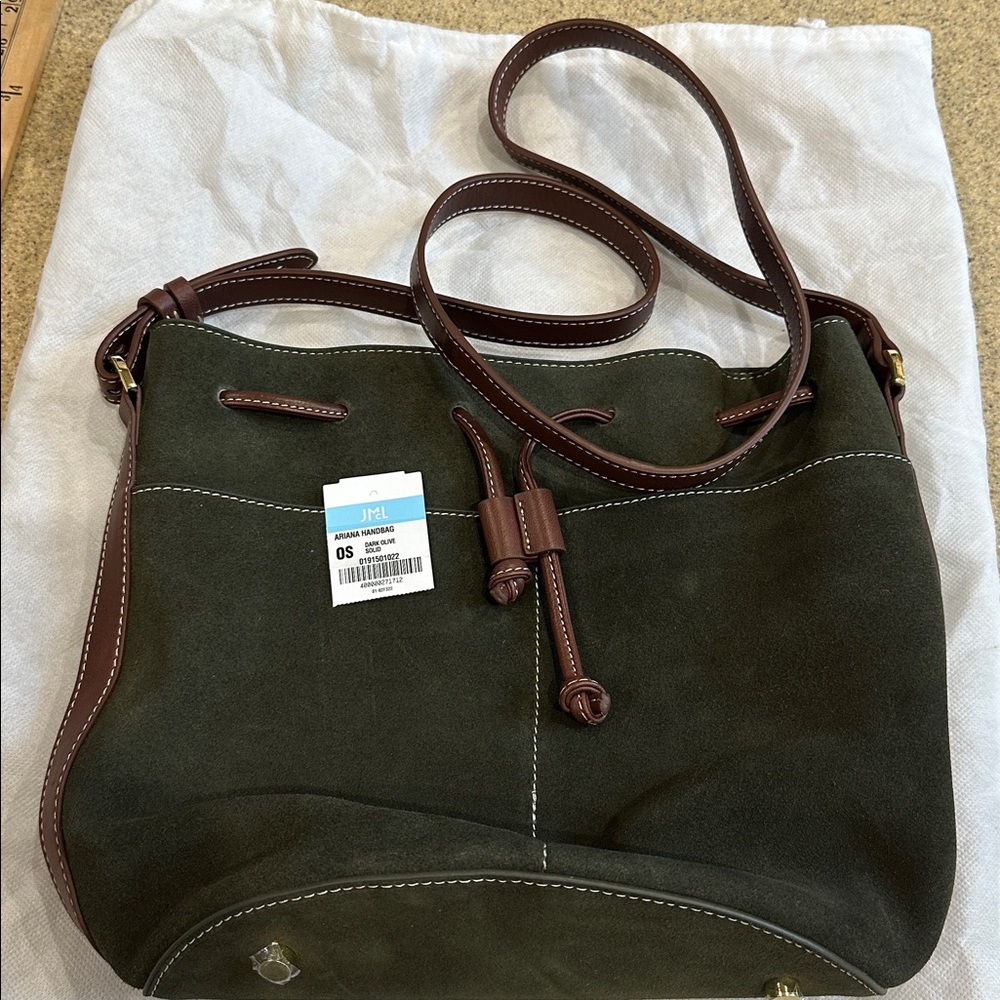 J McLaughlin Olive Suede Crossbody Bucket Bag.